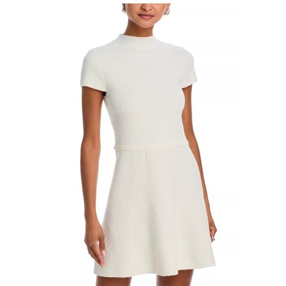 Aqua Dresses & Skirts - AQUA Bouclé Knit Mock Neck A-Line Short Sleeve Mini Dress‎ Ivory Size S NWT